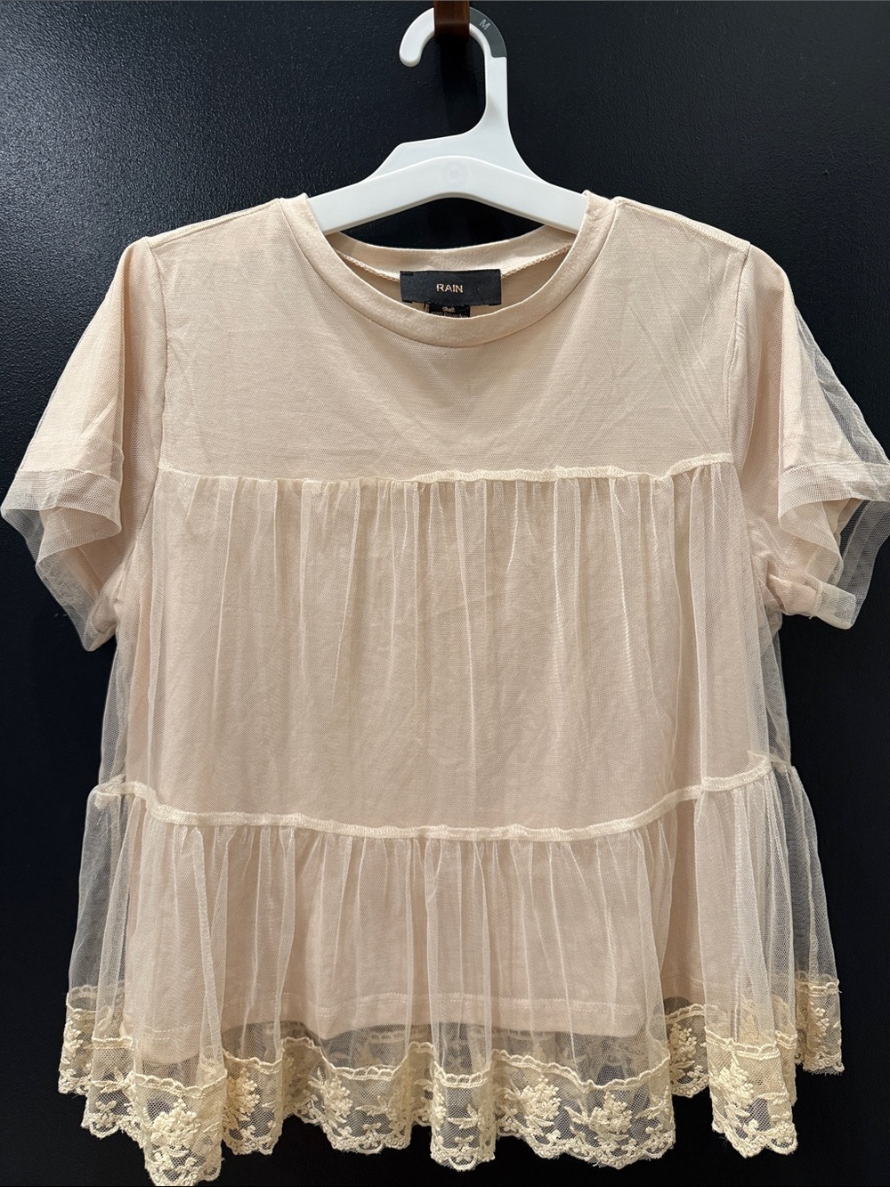 RAN Beige Lace-Trim Tiered Tulle Blouse